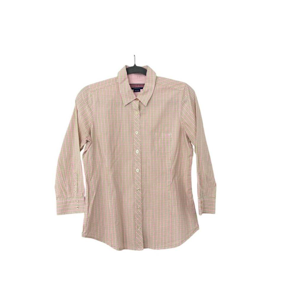 Vineyard Vines Preppy Pink Green Plaid 3/4 Sleeve Button Down Shirt Women's 6